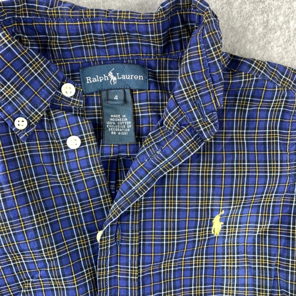 Ralph Lauren Button Down Shirt Boys‎ 4 Blue Plaid Long Sleeve Cotton Pony Logo